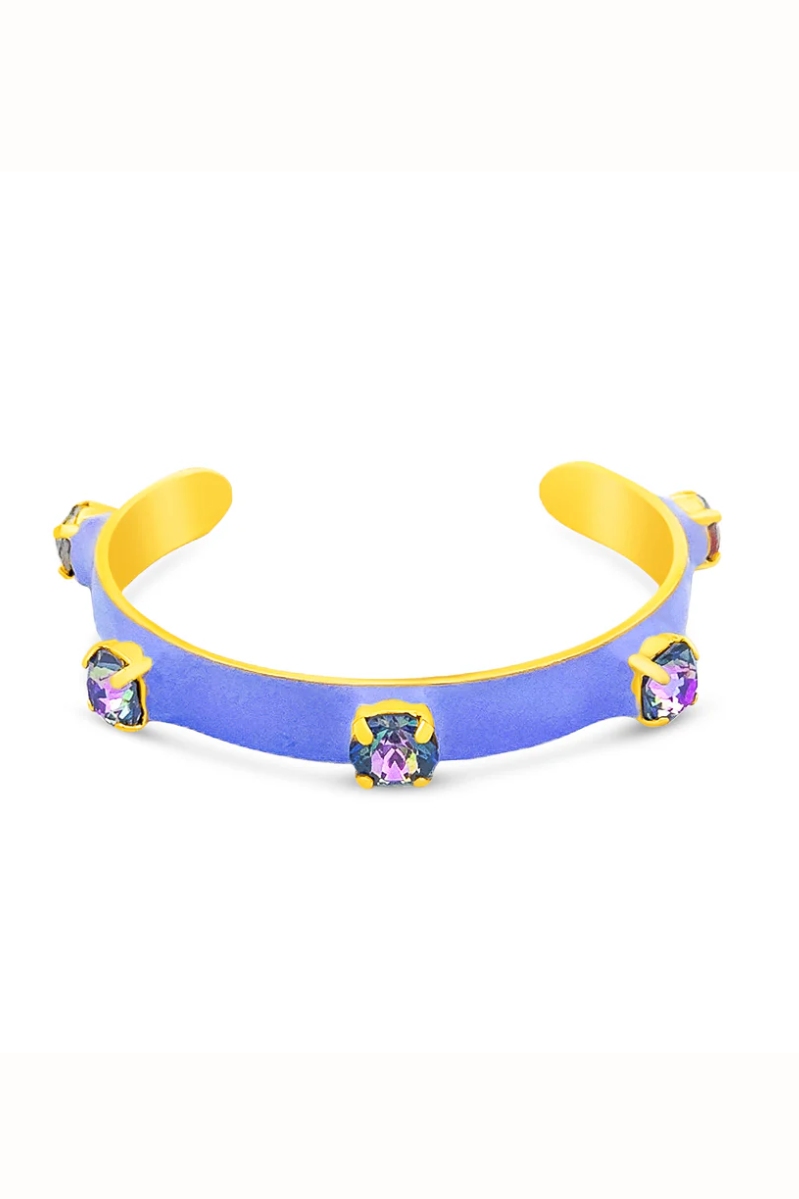 Purple and yellow bracelet with gemstones on a white background. Kennedy Cuff in purple| TOVA