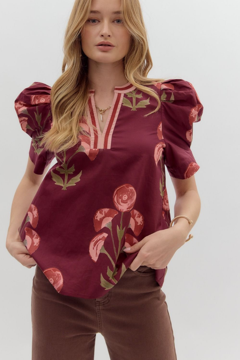 Floral Print Structured Shoulder Puff Top