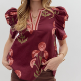 Floral Print Structured Shoulder Puff Top