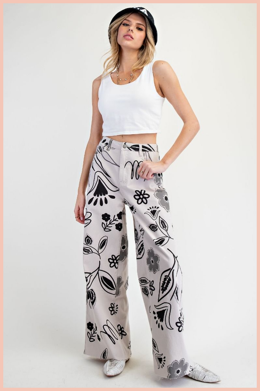 Floral Print Washed Twill Wide Pants