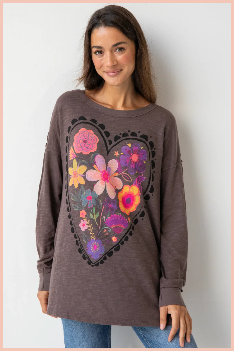 Espresso Heart Long Sleeve Cotton Tee Shirt | Natural Life