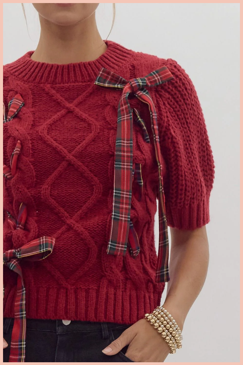 Holiday Plaid Bow Knit Sweater