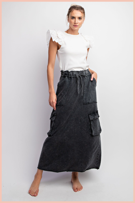 Mineral Washed Terry Skirt + Cargo Pockets | Black