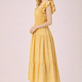 Shoulder Ruffle Detail Stripe Midi Dress