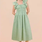 Shoulder Ruffle Detail Stripe Midi Dress