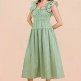 Shoulder Ruffle Detail Stripe Midi Dress