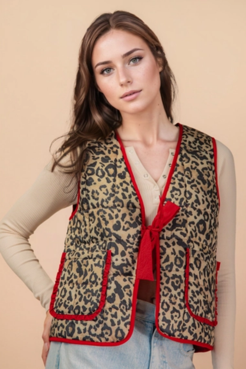 Leopard Quilted Vest + Bow Closure