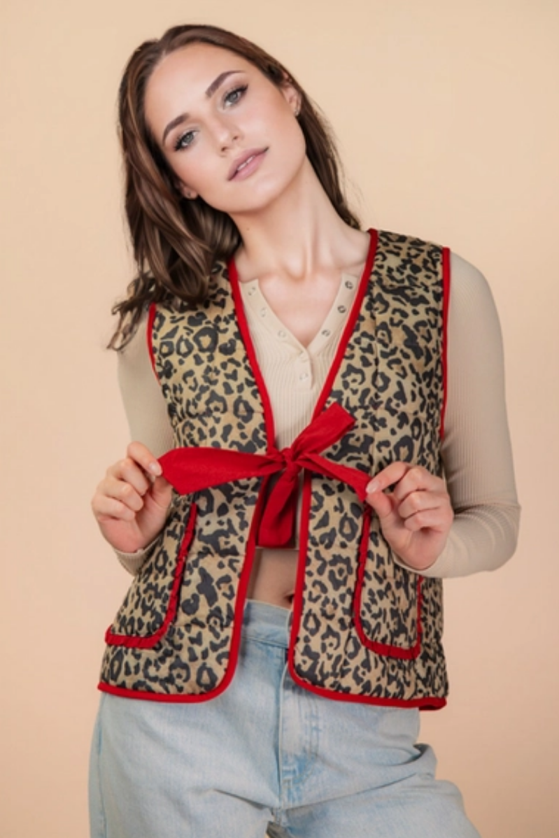 Leopard Quilted Vest + Bow Closure