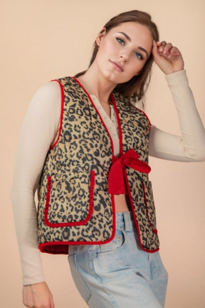 Leopard Quilted Vest + Bow Closure