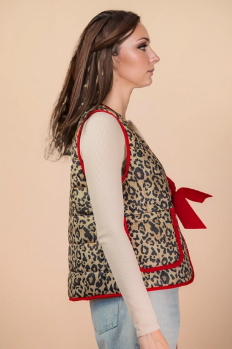 Leopard Quilted Vest + Bow Closure