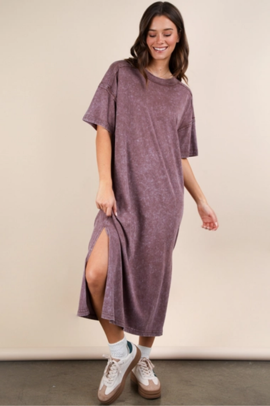 Mineral Washed Casual Comfy Midi Dress | Chocolate