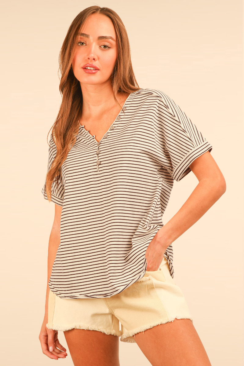 Striped Button Down Casual Knit Top | Chocolate