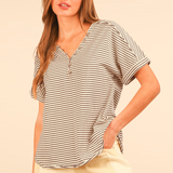 Striped Button Down Casual Knit Top | Chocolate