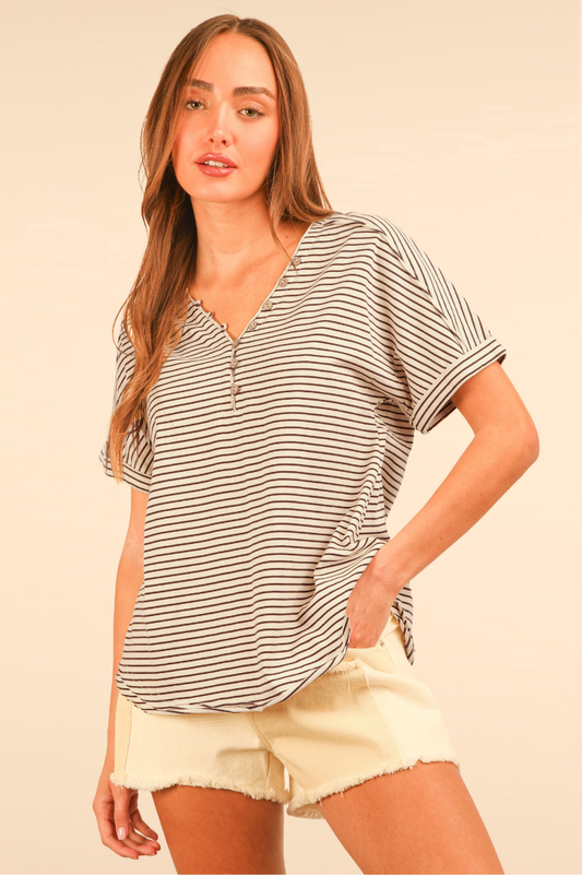 Striped Button Down Casual Knit Top | Chocolate