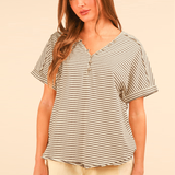 Striped Button Down Casual Knit Top | Chocolate