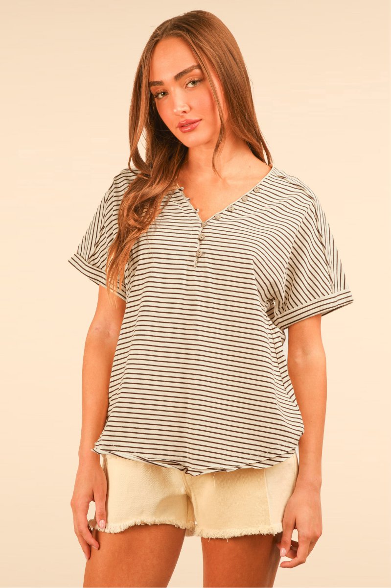 Striped Button Down Casual Knit Top | Chocolate