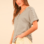 Striped Button Down Casual Knit Top | Chocolate