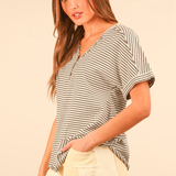 Striped Button Down Casual Knit Top | Chocolate