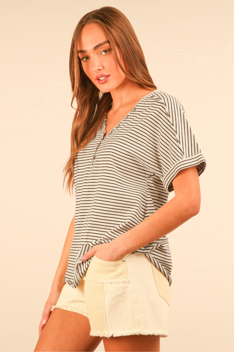 Striped Button Down Casual Knit Top | Chocolate