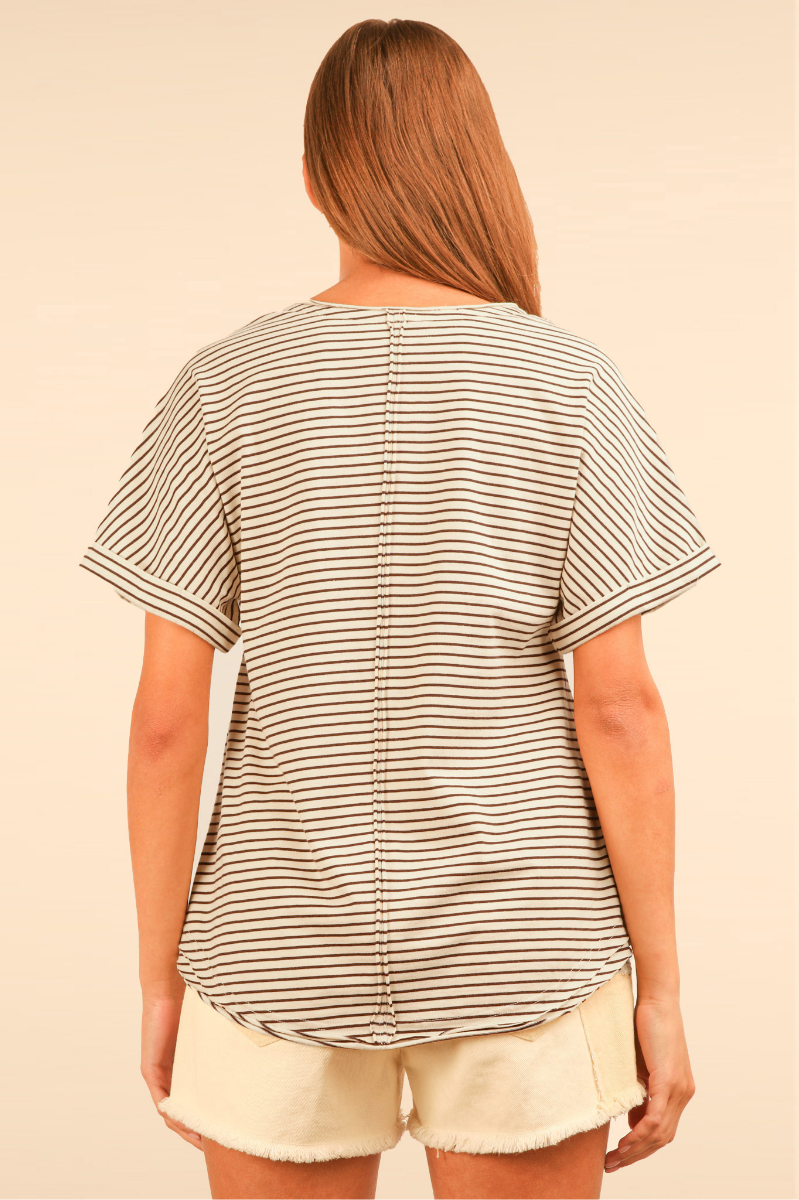 Striped Button Down Casual Knit Top | Chocolate
