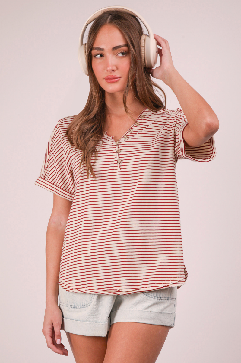 Striped Button Down Casual Knit Top | Red