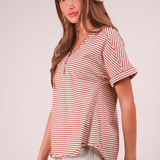 Striped Button Down Casual Knit Top | Red