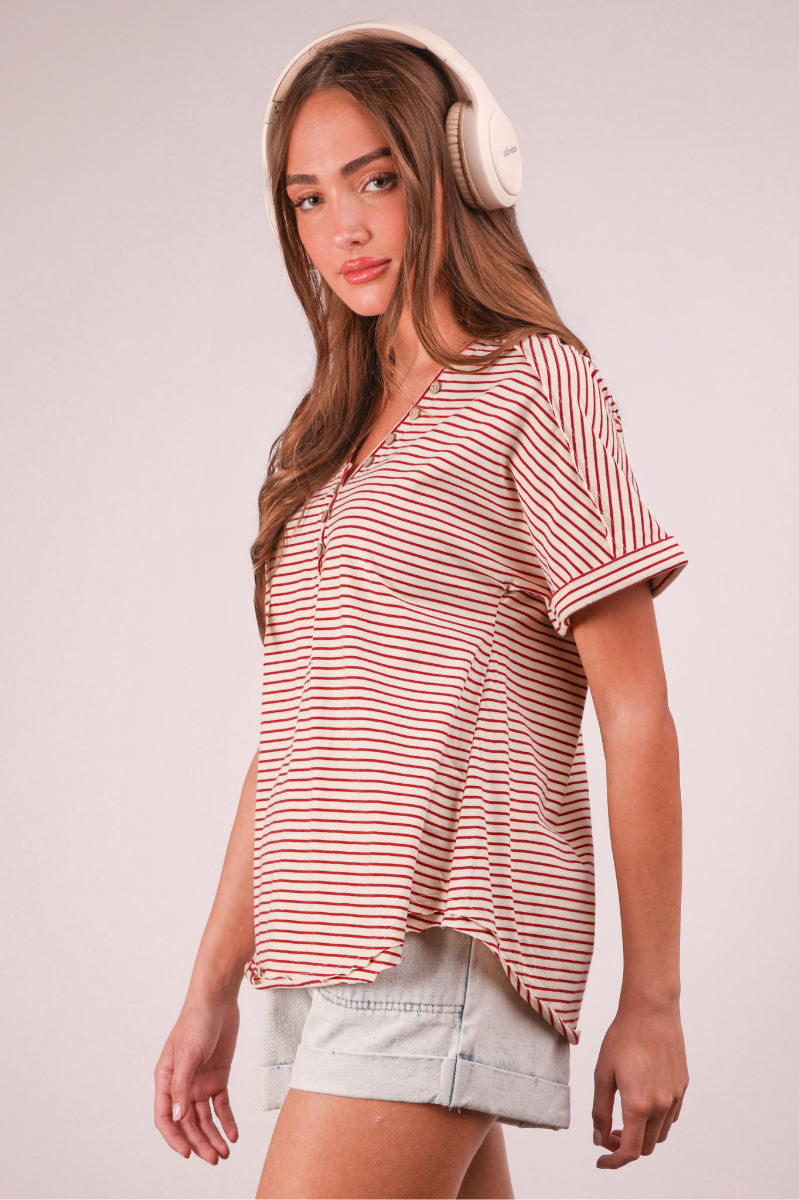 Striped Button Down Casual Knit Top | Red