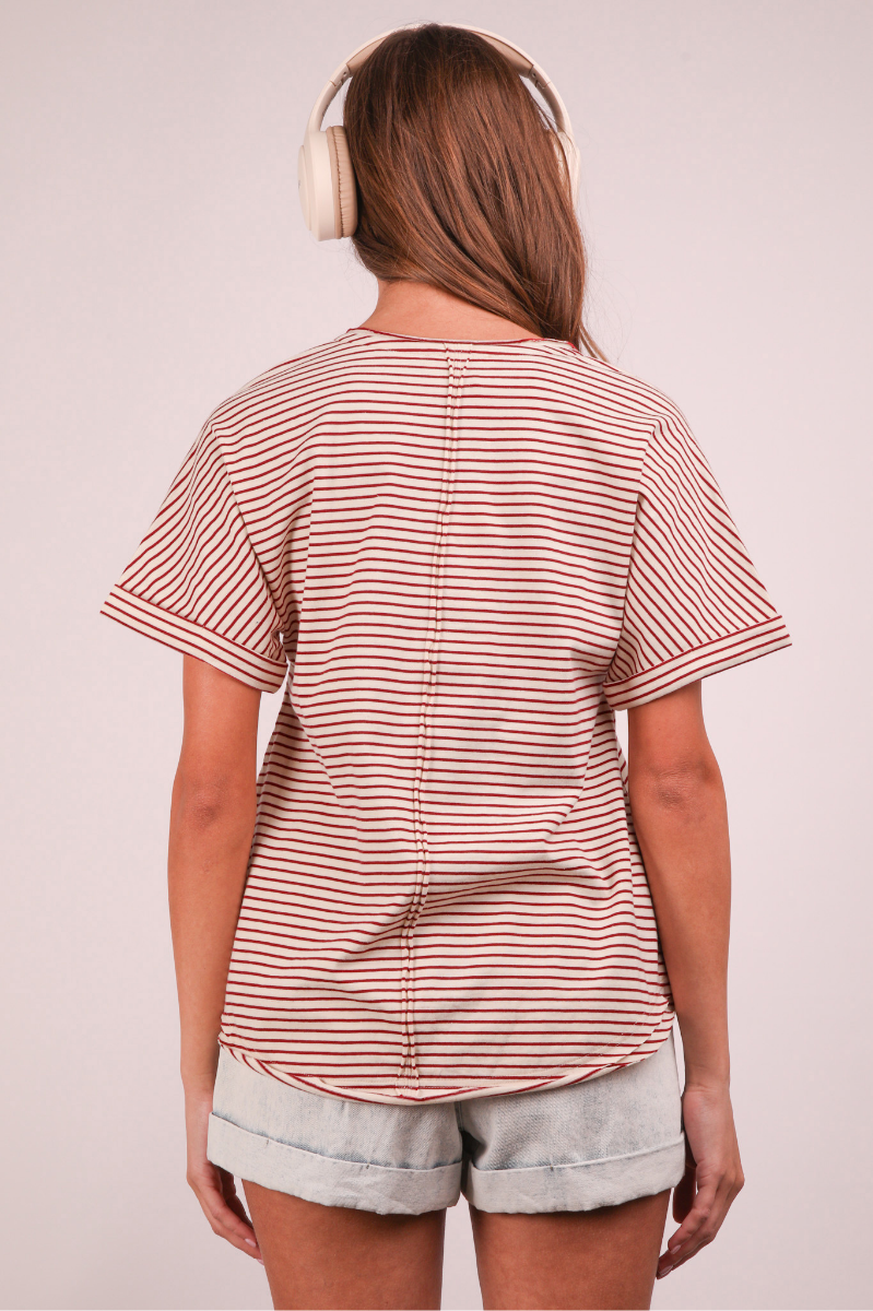Striped Button Down Casual Knit Top | Red
