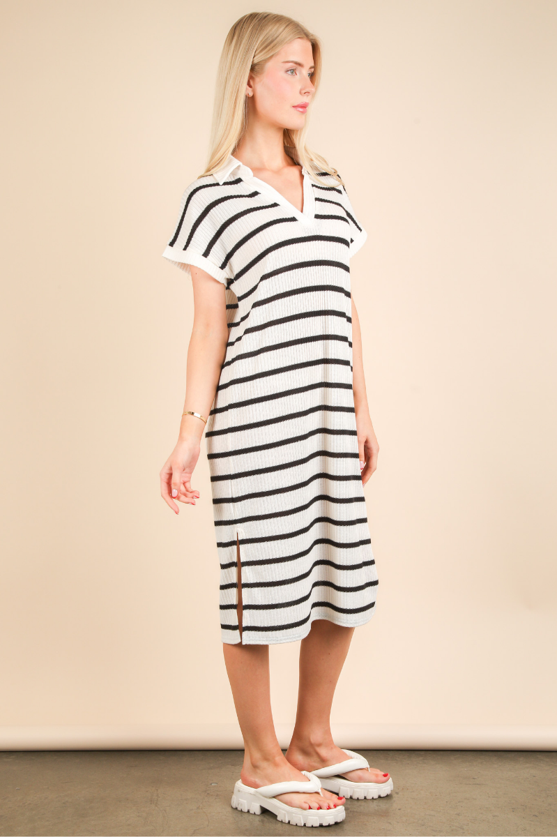 Collared Striped Knit Midi Dress
