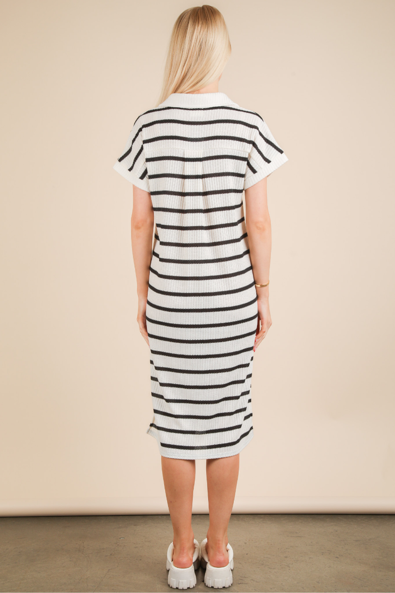 Collared Striped Knit Midi Dress