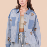 Oversized Teddy Bear Patch Shacket Jacket