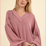 Ribbed V-Neck Knit Top | Pink
