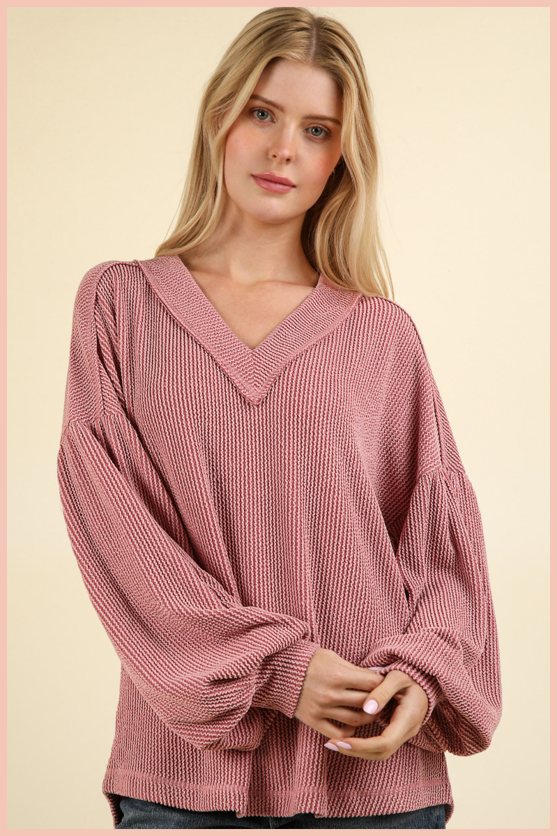 Ribbed V-Neck Knit Top | Pink