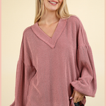 Ribbed V-Neck Knit Top | Pink