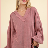 Ribbed V-Neck Knit Top | Pink