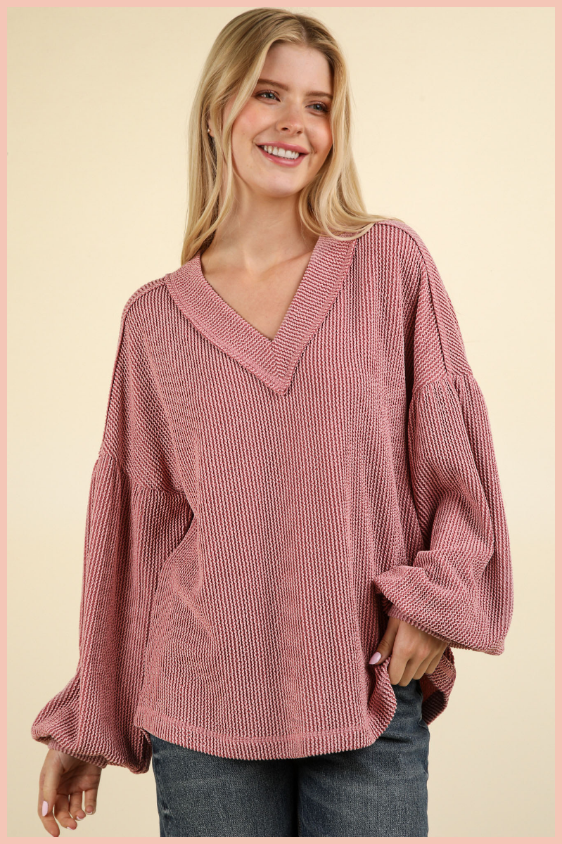 Ribbed V-Neck Knit Top | Pink