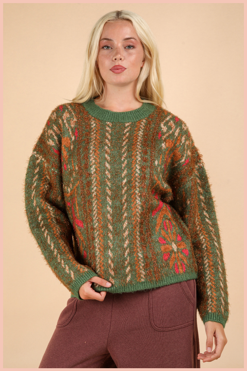 Printed Lurex Oversized Knit Sweater Top