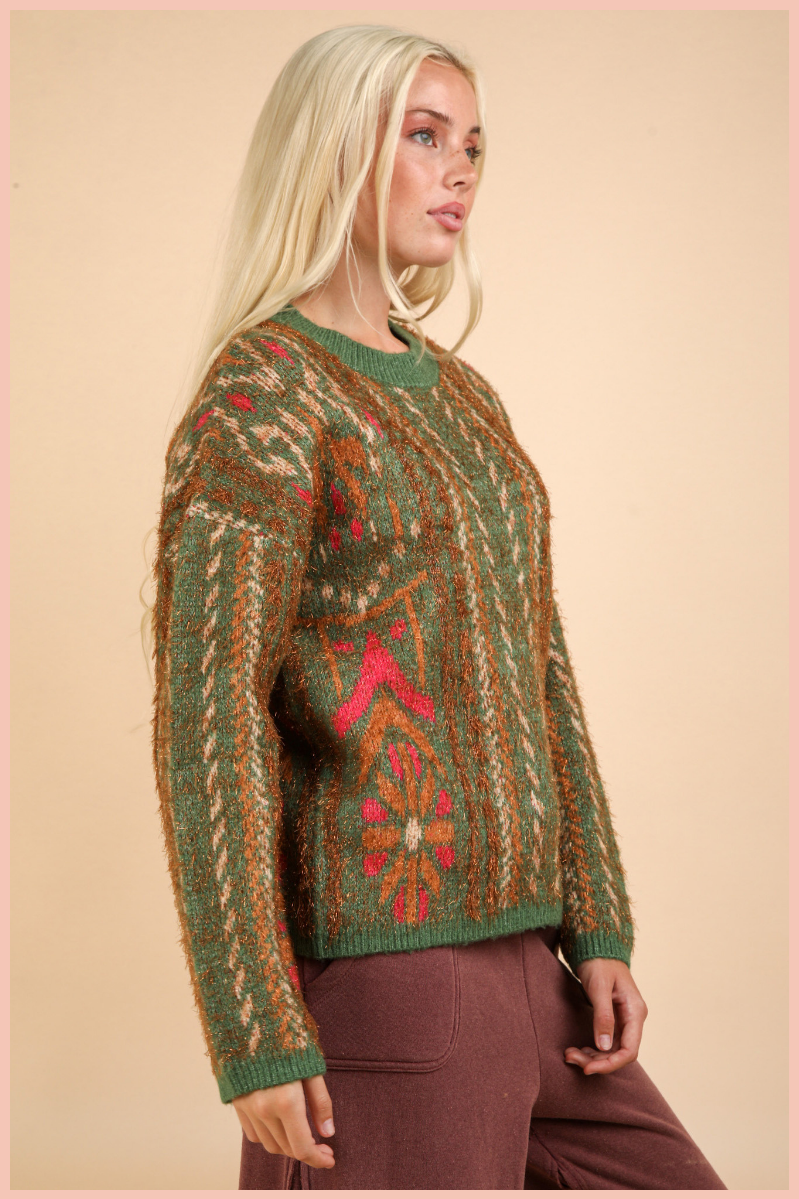 Printed Lurex Oversized Knit Sweater Top