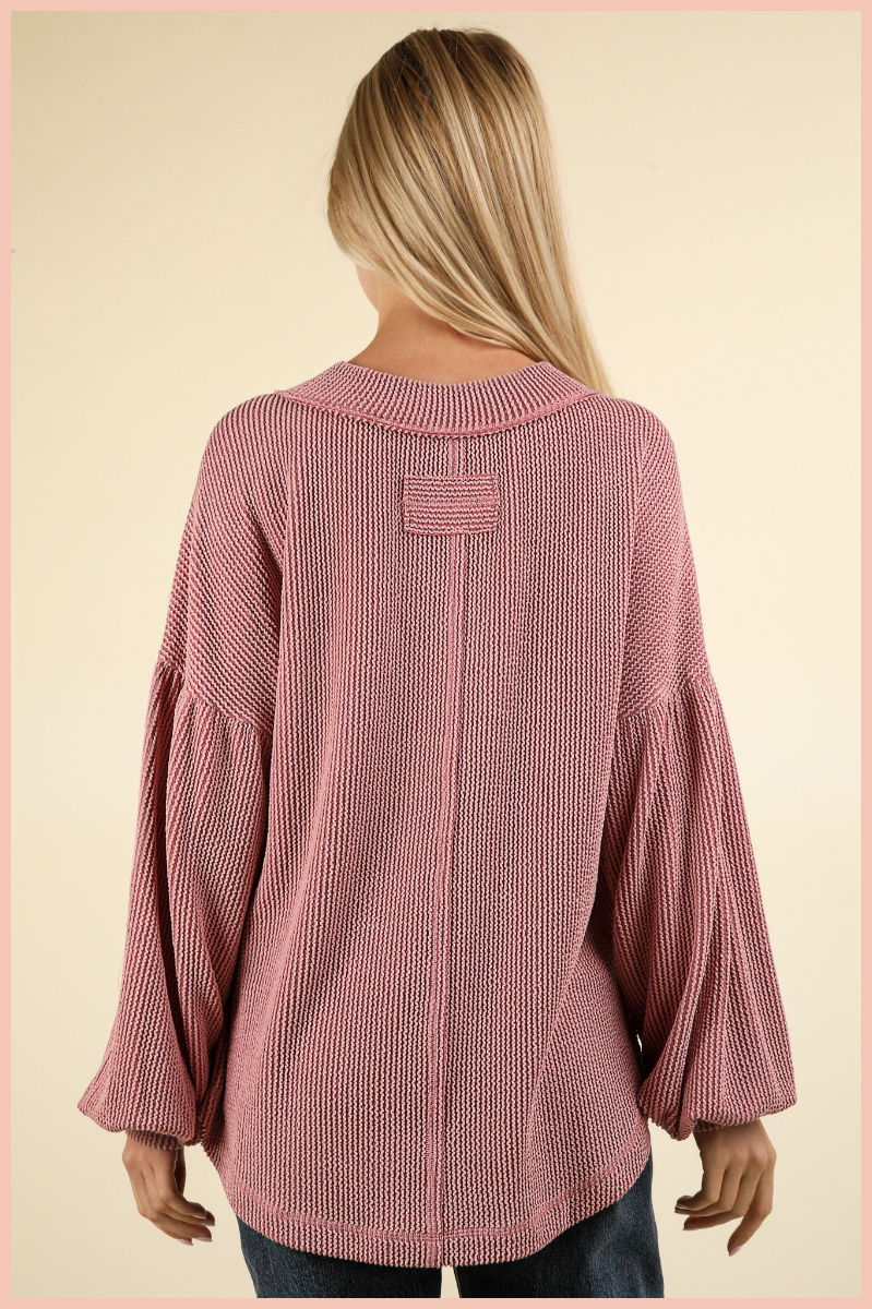 Ribbed V-Neck Knit Top | Pink