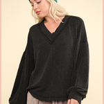 Ribbed V-Neck Knit Top | Charcoal