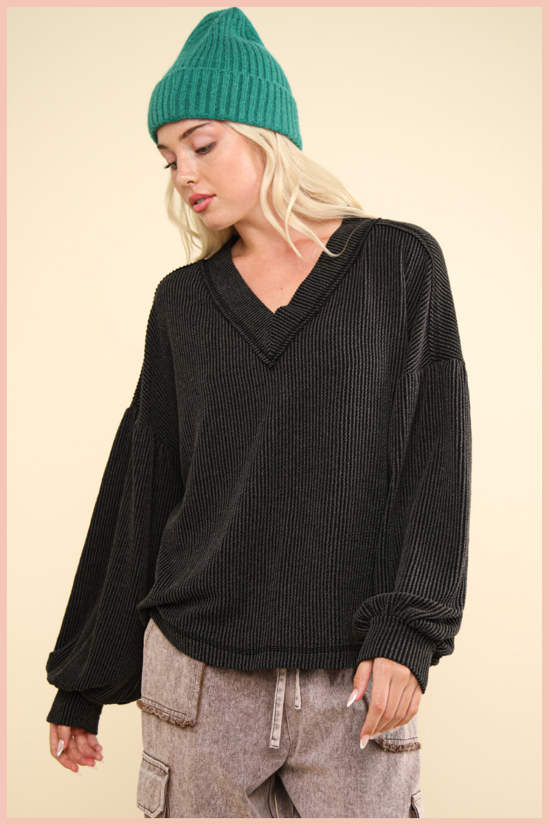 Ribbed V-Neck Knit Top | Charcoal