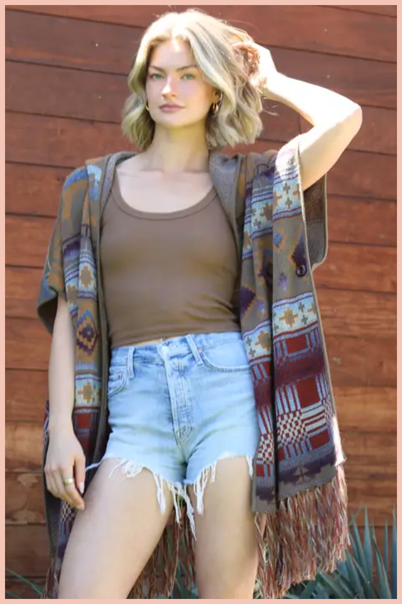 Aztec Fringe Hooded Cardigan