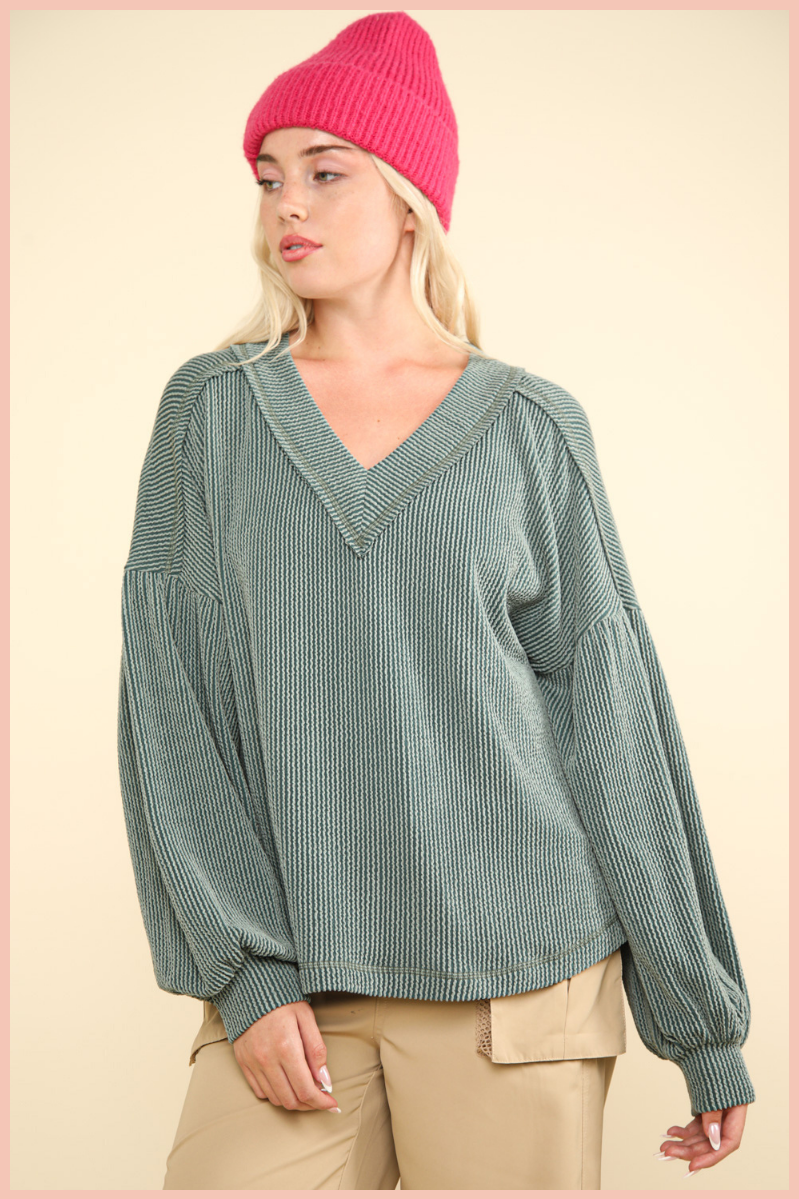 Ribbed V-Neck Knit Top | Moss