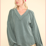 Ribbed V-Neck Knit Top | Moss
