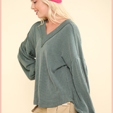 Ribbed V-Neck Knit Top | Moss