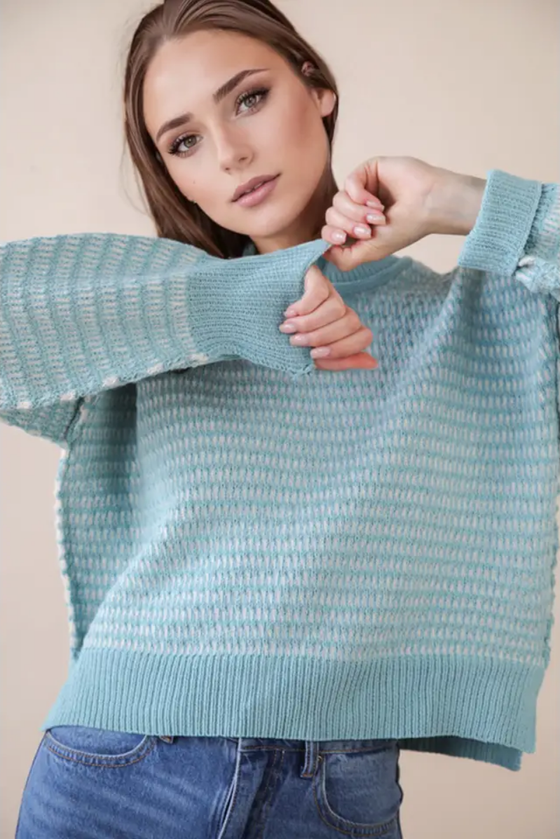 Two Tone Textured Knit Casual Sweater Top