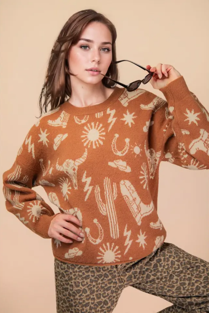 Western Graphic Knit Sweater Top