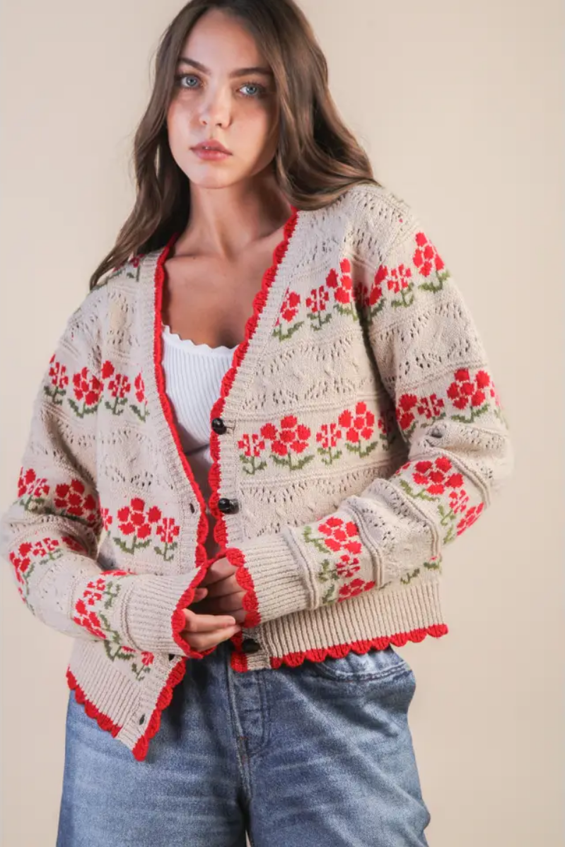 Floral Graphic Detail Knit Sweater Cardigan