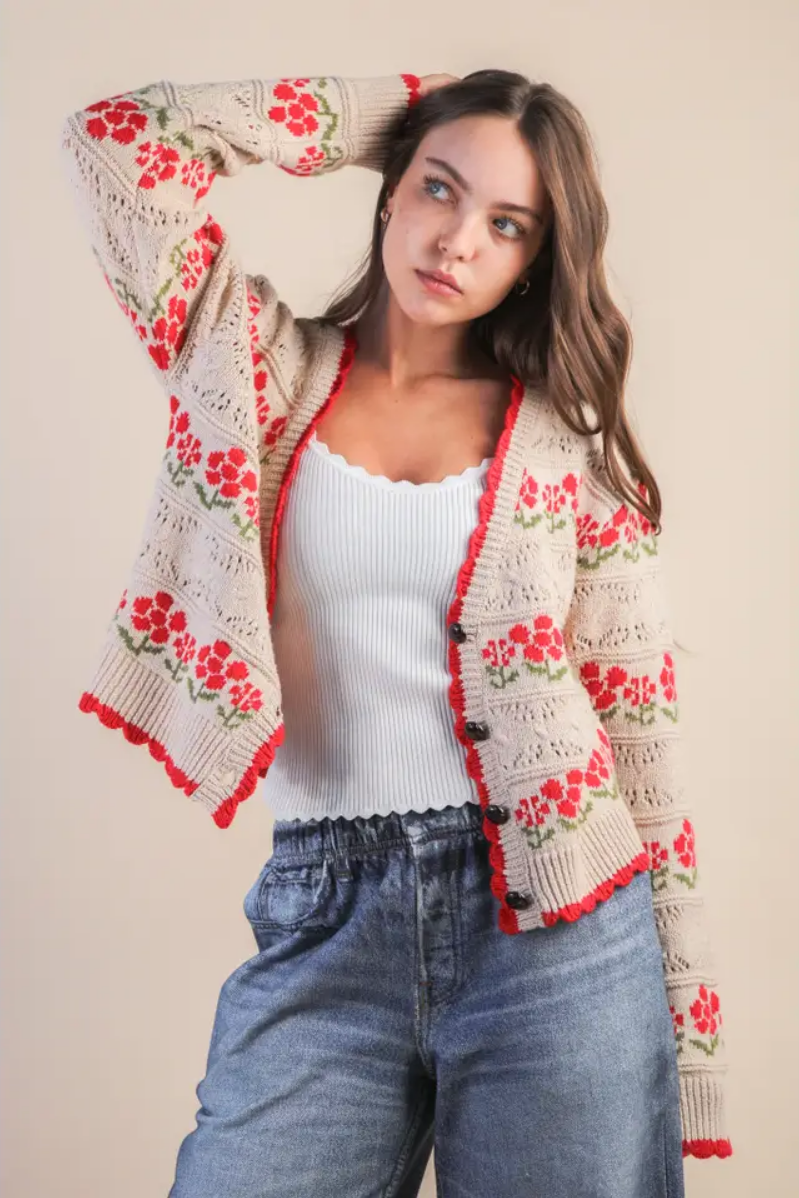 Floral Graphic Detail Knit Sweater Cardigan