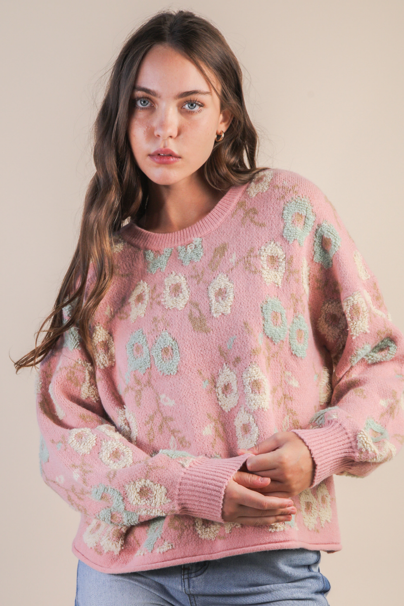 Floral Textured Printed Knit Sweater Top